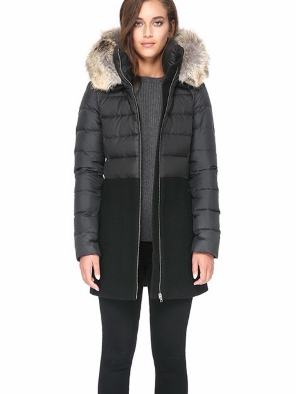 Soia & Kyo Wool Black Puffer Coat with Removable Fur Hood